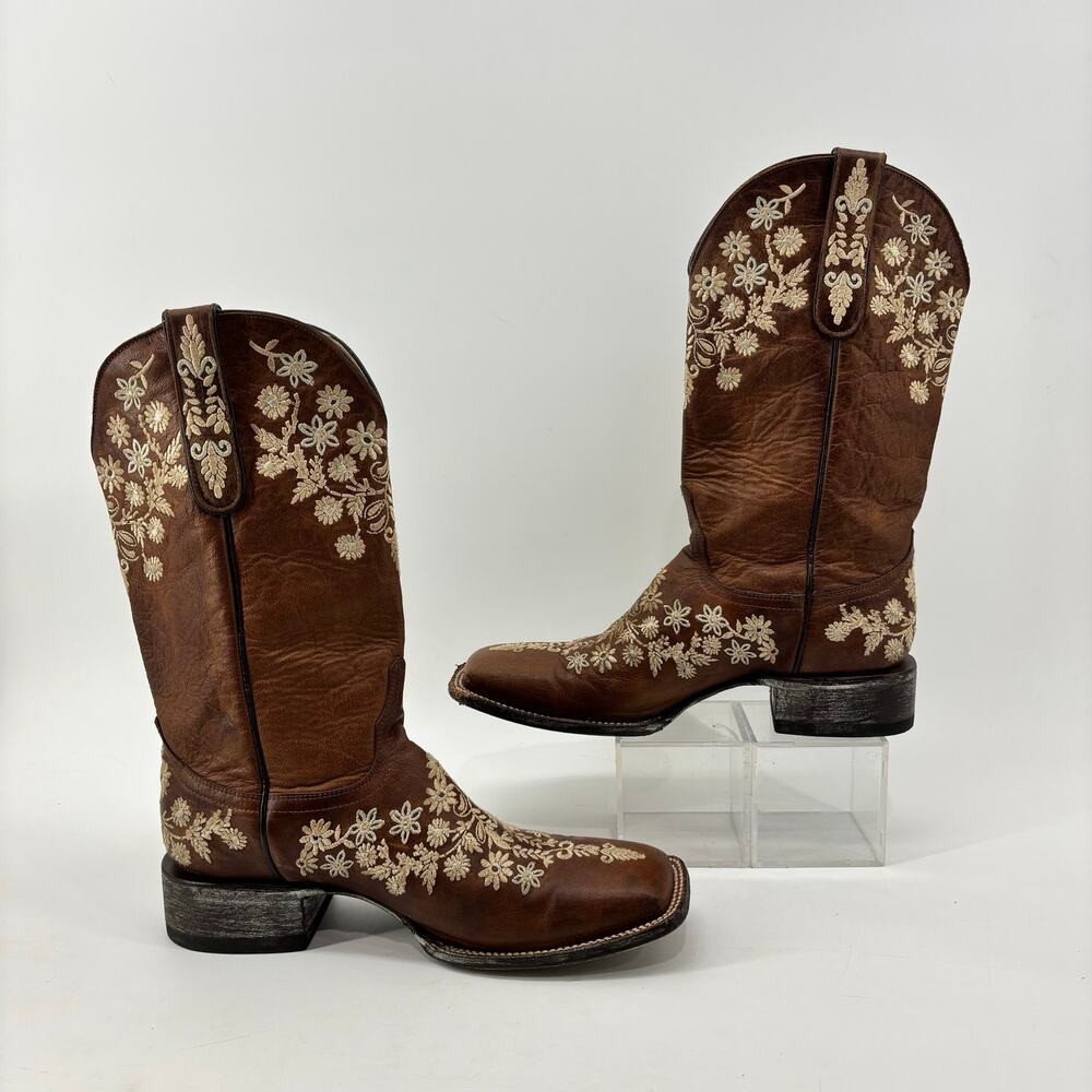 Cavender's Woman Size 10 Western Boots Chestnut Brown Floral Embroidery Leather - Picture 8 of 14